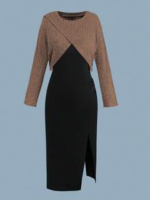 Sweetra Plus Size Autumn/Winter Ribbed Asymmetric Design Top + Spaghetti Strap Pleated Split Contrast Color Dress 2 Pieces Set