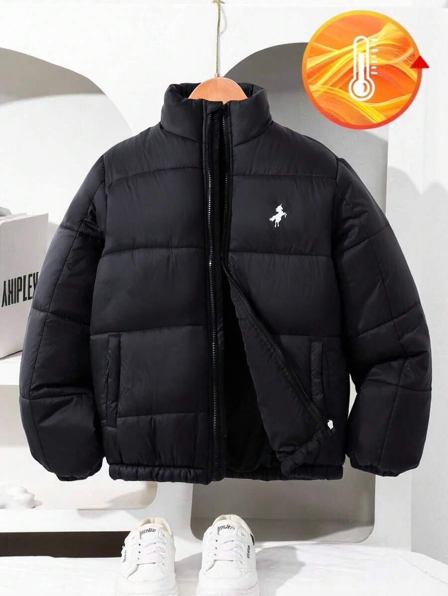 1pc Thickened Quilted Padded Coat With Front Pegasus Graphic Print For Teenage Boys Fall Winter - Black - View 1