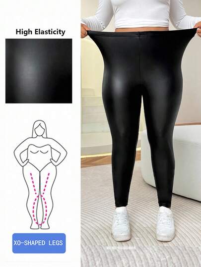 Solflare Plus Size Black Solid Color Minimalist Leggings, Everyday Wear Plus Size Leather Leggings Faux Leather Leggings Plus Size,Autumn/Winter,Fall Clothes For Women,Elegant,Black,Long Sleeve,Commute,Appointment,Date,Keep Warm,Party, Going Out,Wedding Guest,Chic High Elasticity Leggings Plus Size Shapewear,Halloween