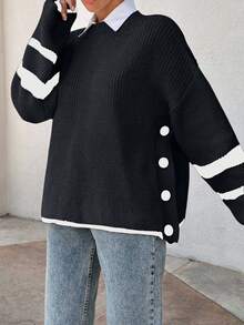 EURMUSE Women Stripe Knit Design Sweater With Button Details - Black - View 6