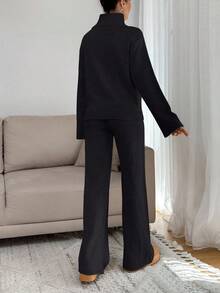 EURMUSE Women Relaxed Fit Turtle-Neck Sweater With Rib Knit Detailed And Straight Knit Pant Set - Black - View 2