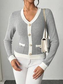 Elenzga New Design Patchwork 2 In 1 V-Neck Slim Fit Long Sleeve T-Shirt, Autumn/Winter Women Tops For Spring - Grey - View 3