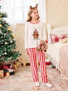 SHEIN 女童双面法兰绒圣诞熊刺绣条纹圆领睡衣套装 - 米色 - 查看 3