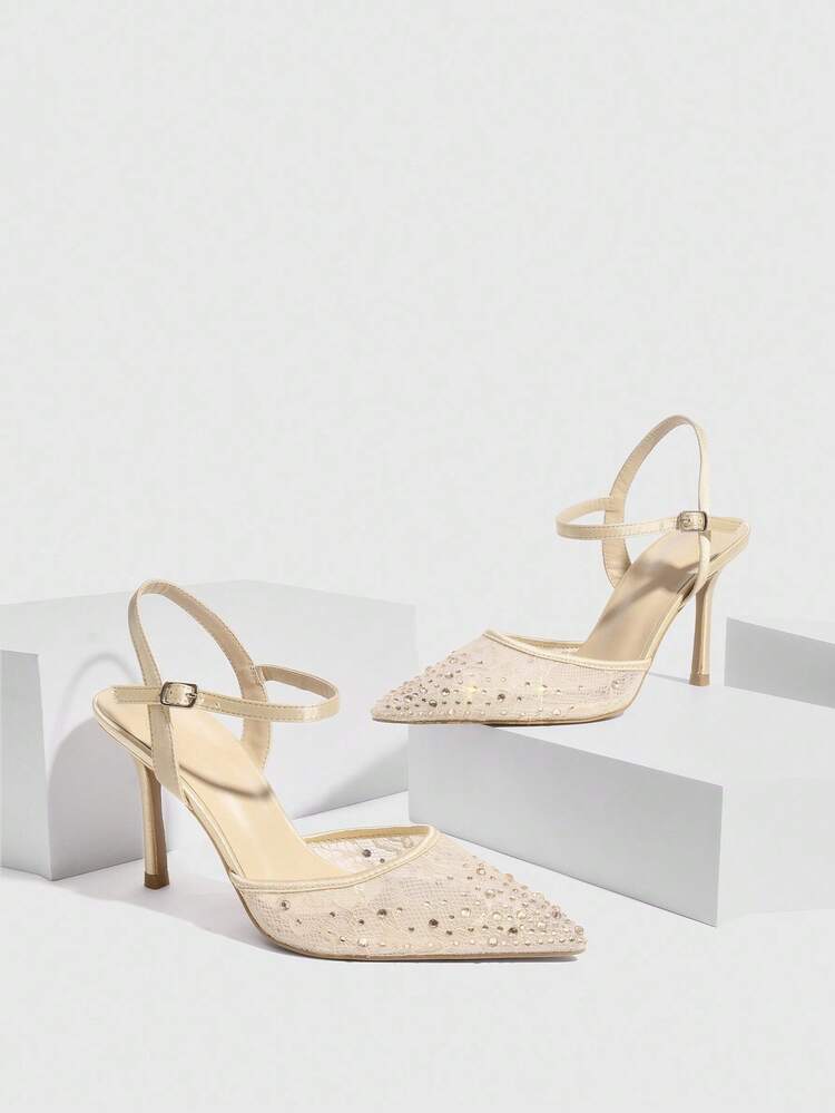 CUCCOO SZL Satin Mesh Rhinestone Pointed Toe Fashionable Elegant Sexy Elegant Banquet Wedding Fine High Heel Buckle Hollow Out Pumps