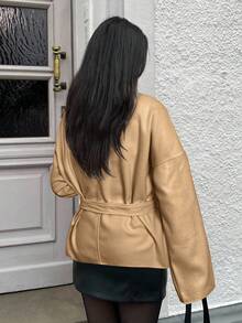SHEIN EZwear 秋冬女士时尚优雅纯色落肩长袖系腰羊毛混纺大衣 - 駝色 - 查看 2