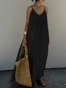 INAWLY 女士时尚优雅性感节日吊带背心连衣裙 - 黑色 - 查看 1