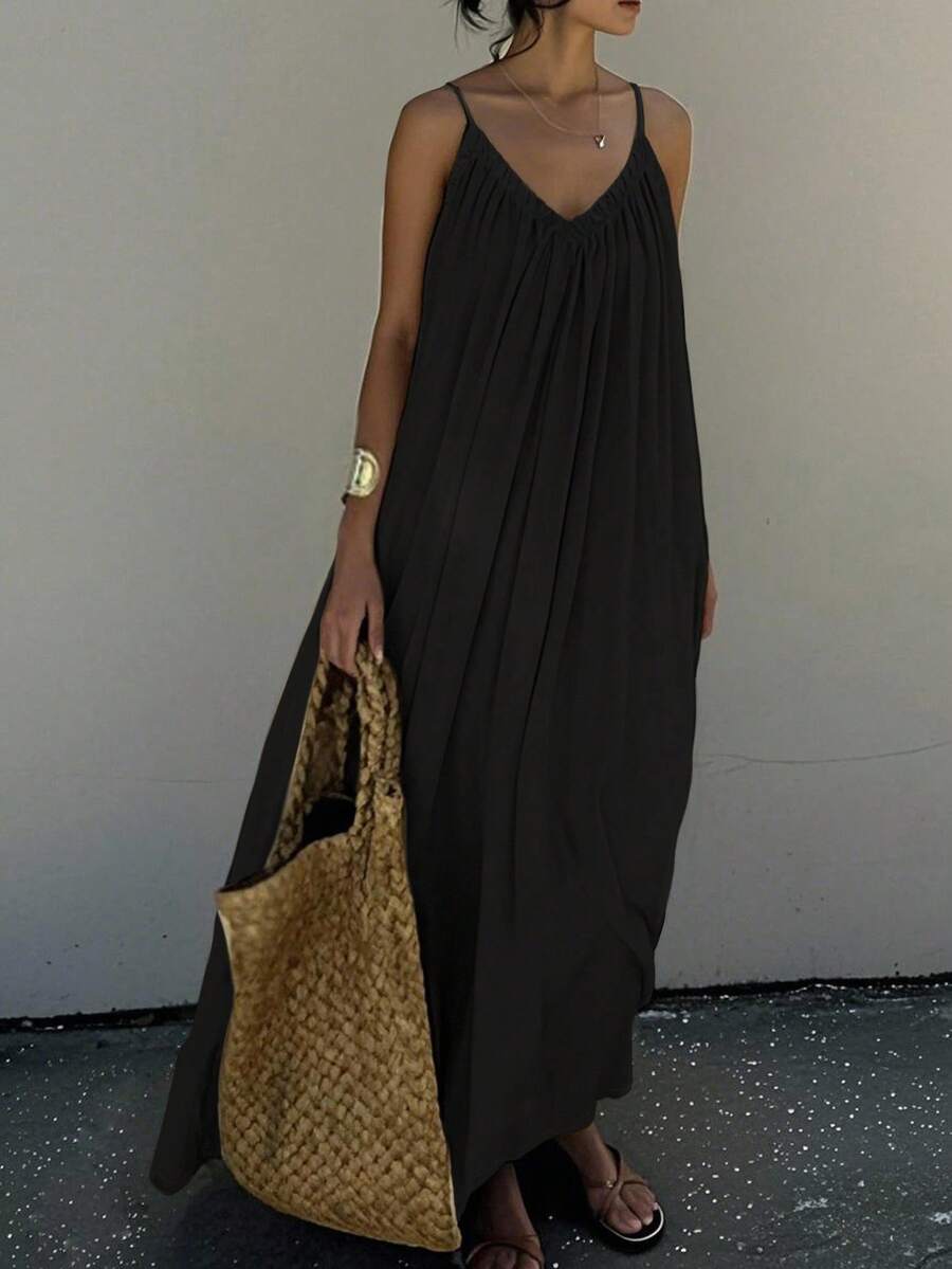 INAWLY 女士时尚优雅性感节日吊带背心连衣裙 - 黑色 - 查看 1