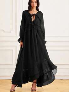 Aveloria Rosie 优雅透视荷叶边长袖连衣裙，时尚欧美风，法式氛围，层叠荷叶边下摆连衣裙，氛围，新款休闲长款雪纺连衣裙，波西米亚海滩女神飘逸连衣裙 - 黑色 - 查看 3