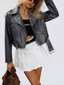 Chiquease Merlot 女士皮夹克高端复古美式 PU 皮革摩托车夹克，女士深秋休闲拉链常规袖翻领常规版型咖啡棕色纯色女士夹克，休闲日常穿着 - 灰色 - 查看 3