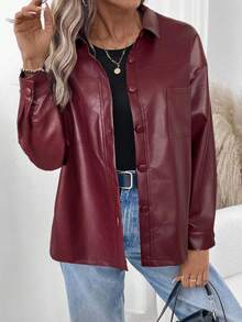 SHEIN LUNE Veste en PU à manches longues, style rock de rue décontracté, grande taille. Veste thermique pour l'automne et l'hiver, idéale pour les vacances - Rouge foncé - Voir 6