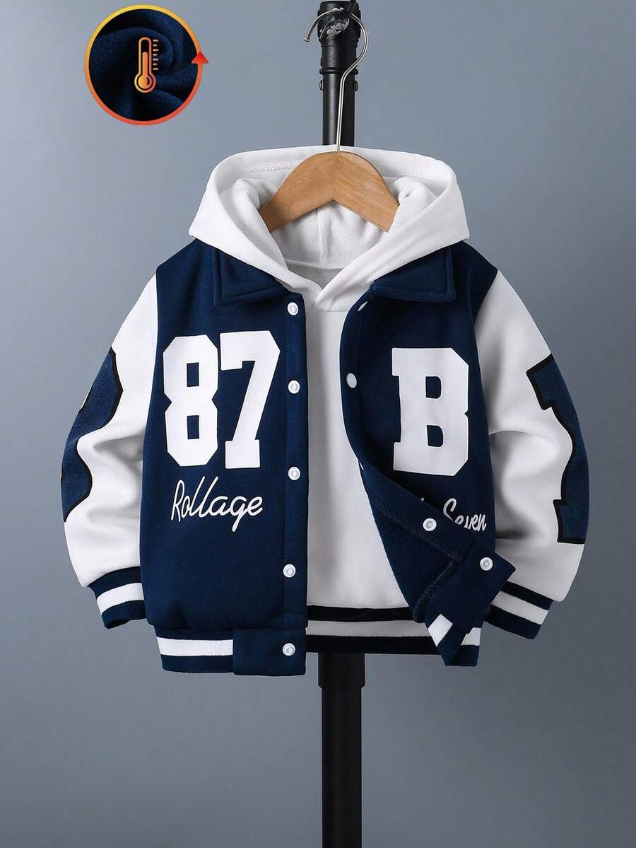 SHEIN 1pc Young Boys' Casual Jacket, Minimalist Collar Design, White Sleeve Contrast With Blue Body, Letter Graphic Print, Ribbed Cuffs And Hem, Suitable For Daily Wear, Sports, School, Travel, Versatile With Various Pants