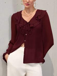 Aveloria Modichic Nude Pink Women's Chiffon Layered Ruffle Hem Sheer Romantic Elegant Sexy Casual Versatile Long Sleeve Blouse - Burgundy - View 3