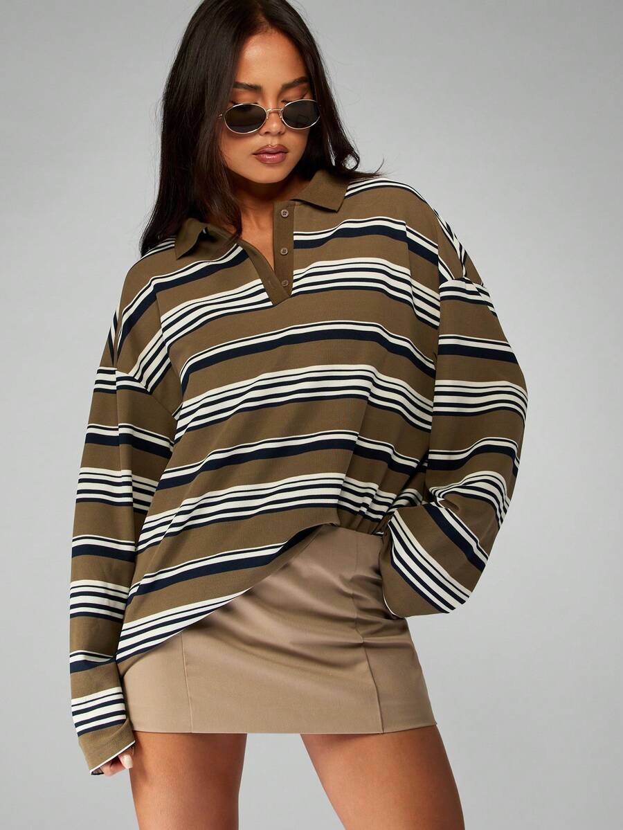 MISSGUIDED Retro Oversized Striped Rugby Polo Long Sleeve Collared Pullover Casual Fall Winter Streetwear Preppy Style Relaxed Fit Drop Shoulder Top - Green - View 1