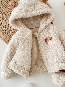 SHEIN 新生女婴可爱卡通图案毛绒连帽夹克和松紧腰裤套装，秋冬 - 彩色 - 查看 5