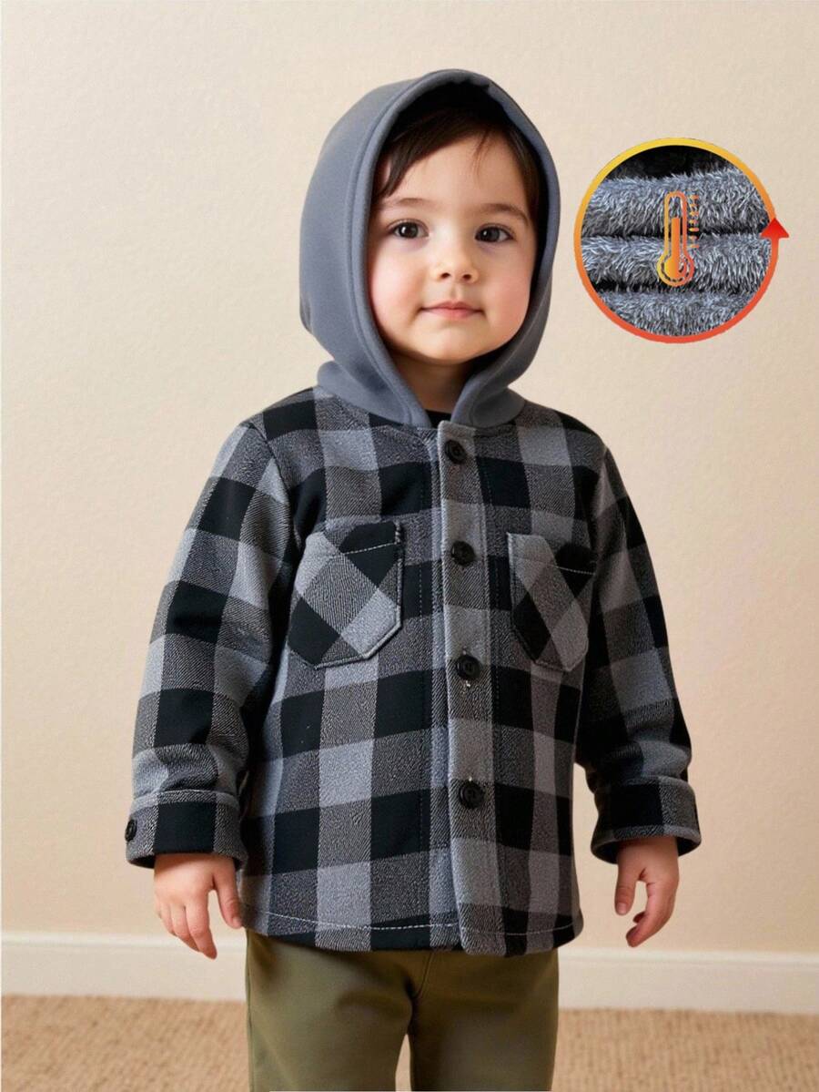 SHEIN 1pc Baby Boy Fashionable Minimalist Casual Gray Plaid Long Sleeve Hooded Jacket With Gray Thermal Lined, Suitable For Daily School Wear, Autumn/Winter Fall - Grey - View 1
