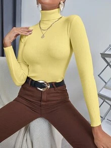 INAWLY 女式纯色高领长袖修身毛衣，秋冬 - 鵝黃色 - 查看 4