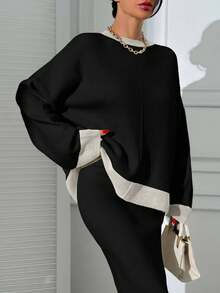 Damen Set aus Pullover mit rundem Ausschnitt und Drop-Shoulder und Strickrock