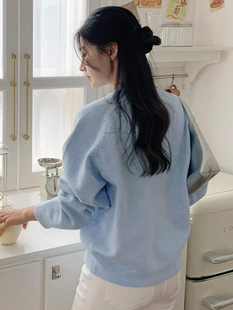 Women's Casual Loose Fit Round Neck Raglan Long Sleeve Blue Sweater, Autumn/Winter