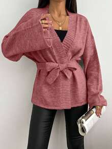 EURMUSE 女式纯色落肩长袖宽松系腰休闲开衫 - 藕粉色 - 查看 7