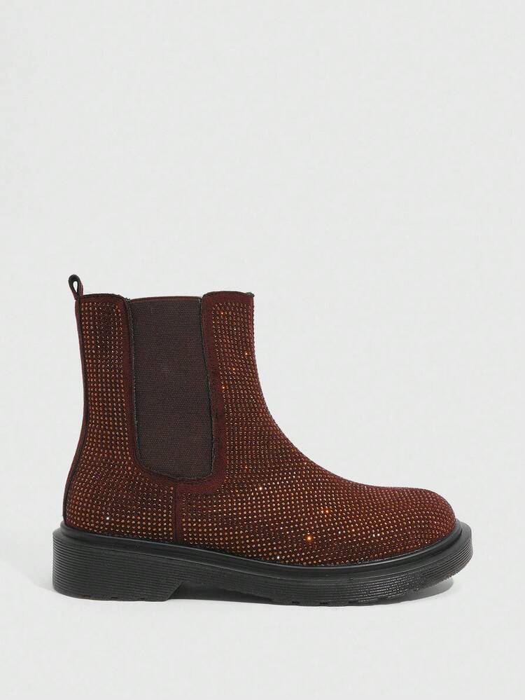CUCCOO SZL Women's Round Toe Thick Sole Fashionable British Style Coffee Color Fully Rhinestoned Luxurious Personalized Chelsea Boots, Boots, Motorcycle Ankle Boots