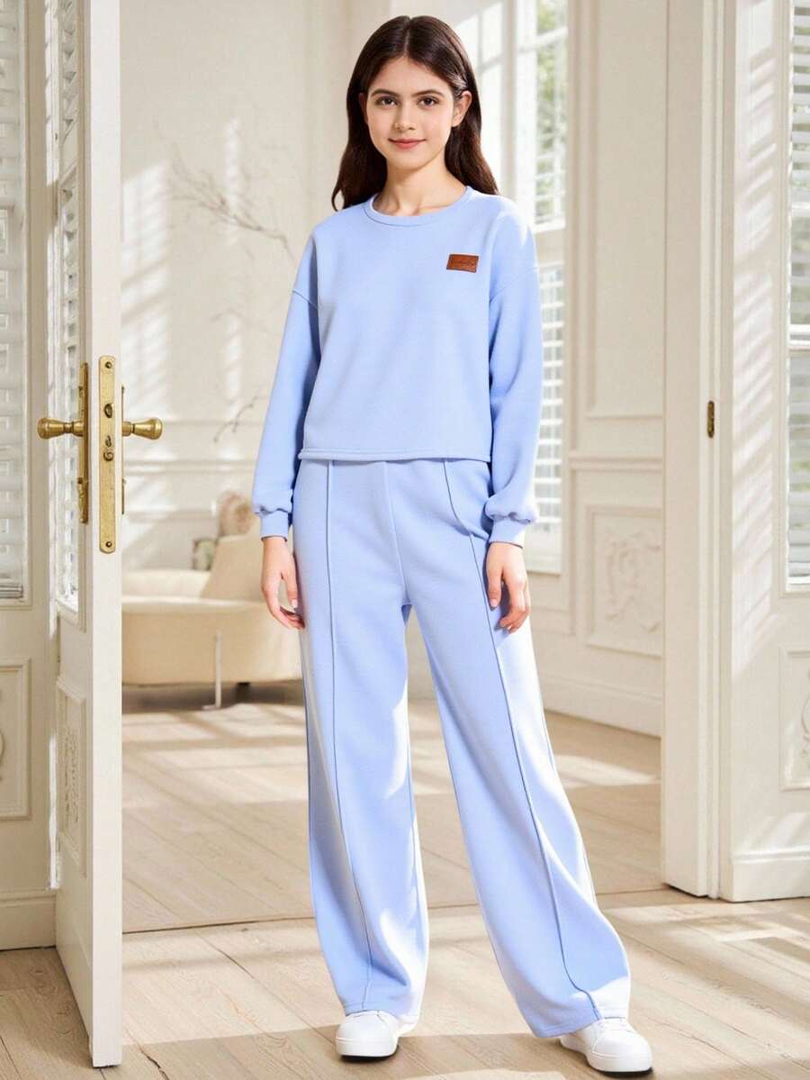 SHEIN 青少年女孩休闲宽松舒适圆领长袖短款连帽衫和裤子套装 - 淺藍色 - 查看 1