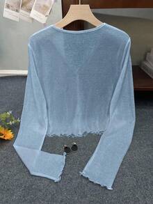 INAWLY Women's Standard Size Solid Color V-Neck Button Front Casual Long Sleeve Cardigan - Blue - View 2