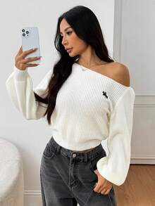 SHEIN PETITE Suéter de mujer con hombros en diagonal y costillas, manga larga, suéter con hombros descubiertos - Beis - Ver 7