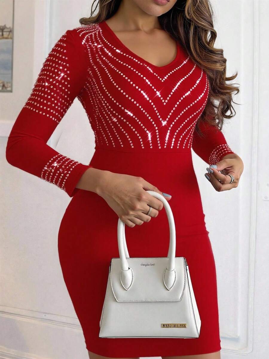 SHEIN LUNE 女式紧身连衣裙,饰有水钻,适合新年服装 - 紅色 - 查看 1