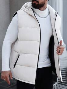 Manfinity CasualCool Plus Size Men's Solid Color Minimalist Casual Hooded Sleeveless Padded Vest, For Fall Winter