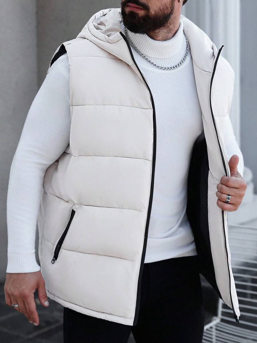 Manfinity CasualCool Plus Size Men's Solid Color Minimalist Casual Hooded Sleeveless Padded Vest, For Fall Winter