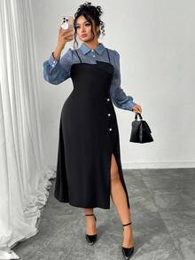 SHEIN Elenzya Plus Size Women's Color Block Long Sleeve Fitted A-Line Asymmetric Hem 2 In 1 Elegant Commuter Maxi Shirt Dress Fall Cloth For Women