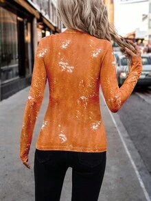 SHEIN Clasi Orange Pumpkin Print Turtleneck Long Sleeve Fitted Women T-Shirt, Suitable For Autumn/Winter - Orange - View 2