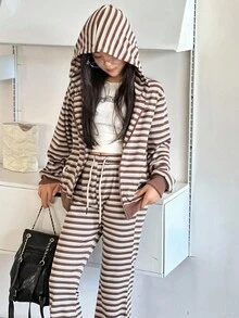 DAZY 少女复古条纹卫衣套装，时尚街头休闲装，秋季连帽衫 - 咖啡棕 - 查看 9