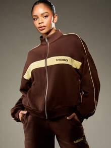MISSGUIDED MSGD Premium Full Zip Track Jacket Retro Color Block Sweatshirt With Drawstring Waist Wide Leg Coordinates Fall Winter Collection Casual Loungewear - Coffee Brown - View 5