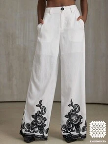 Aveloria Modichic New Ink Painting Style Pants, White Base With Black Embroidered Wavy Hem, Comfortable For Tea Parties, Bazaars, And Everyday Wear - Black and White - View 1