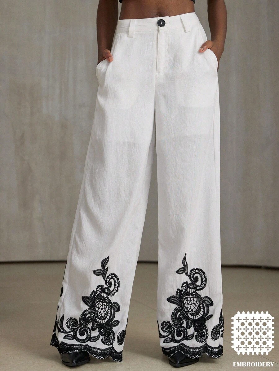 Aveloria Modichic New Ink Painting Style Pants, White Base With Black Embroidered Wavy Hem, Comfortable For Tea Parties, Bazaars, And Everyday Wear - Black and White - View 1