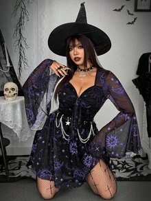 SHEIN Whyspr 秋冬大码朋克暗黑优雅夸张小众星月网眼A字及膝连衣裙 - 彩色 - 查看 4