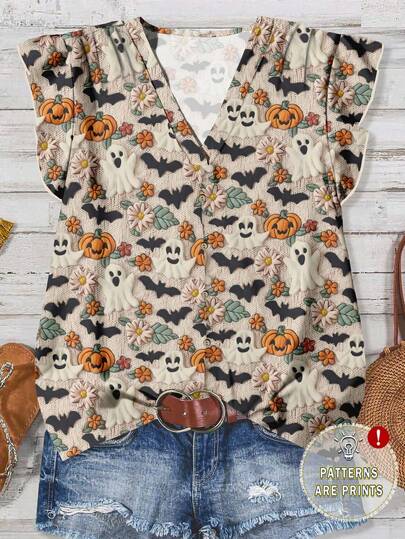 SHEIN LUNE 万圣节休闲简约风格小印花图案女式衬衫，适合初秋和万圣节