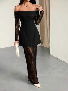 SHEIN Tall 新款优雅黑色蕾丝拼接连衣裙，性感蕾丝透视鸡尾酒会礼服，秋季婚礼宾客礼服 - 黑色 - 查看 7