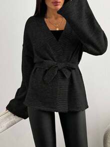 EURMUSE 女士纯色落肩长袖宽松打结腰部休闲开衫 - 黑色 - 查看 5