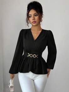 Elenzga Áo cánh dài tay bằng vải satin cổ chữ V thắt eo trang trí vòng tròn dành cho nữ, thanh lịch và tinh tế, dành cho mùa thu, mùa đông, trường học, buổi hòa nhạc, Giáng sinh, trang phục công sở thường ngày cho nữ, giáo viên, áo đi chơi, thường ngày. - màu đen - Xem 4