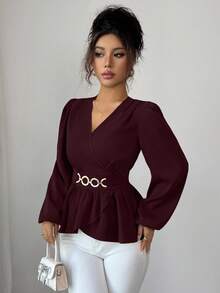 Elenzga Women's Satin V-Neck Cinched Waist Round Ring Decor Long Sleeve Blouse, Elegant & Sophisticated,Fall Women Clothes,Autumn Clothes ,Winter Outfit For Women ,School Clothes,Concert Tops,Christmas,Business Casual Woman ,Teacher Outfits For Women,Going Out Tops,Casual.