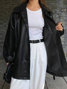 DAZY 女士宽松翻领系带常规休闲PU皮夹克，街头风秋冬女装外套