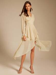 Enchnt 女式时尚优雅多层荷叶边V领褶裥中长连衣裙 - 杏色 - 查看 1