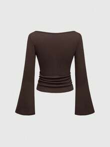 ROMWE Goth Spring/Summer Casual Sexy & Elegant Boat Neck Bell Sleeve Solid Color Tight Fit Women T-Shirt - Coffee Brown - View 2