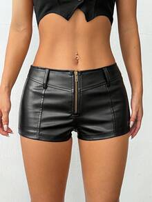 SHEIN PETITE Quần short thường ngày màu trơn có khóa kéo phía trước dành cho nữ, quần short siêu ngắn - màu đen - Xem 6