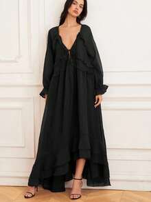 Aveloria Rosie 优雅透视荷叶边长袖连衣裙，时尚欧美风，法式氛围，层叠荷叶边下摆连衣裙，氛围，新款休闲长款雪纺连衣裙，波西米亚海滩女神飘逸连衣裙 - 黑色 - 查看 4