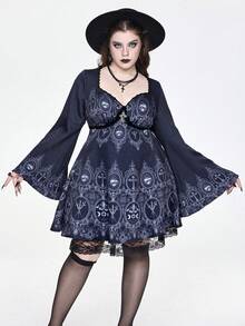ROMWE EDITION Trang phục Halloween in hoa cửa sổ nhà thờ Dark Castle cỡ lớn tay loe - màu đen - Xem 3