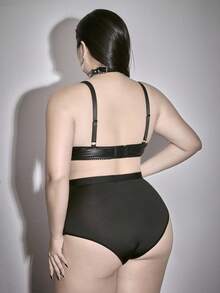 ROMWE Grunge Punk Große Größen Triangel-BH mit herzförmiger Metall-Schnalle und PU Material - Schwarz - Übersicht 3