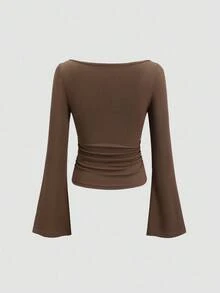 Sweetra 女式纯色圆领喇叭袖休闲 T 恤，秋季